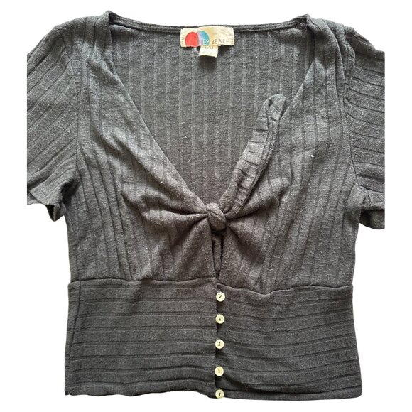 Free People Beach Black Rib Knit Button Up Tie Front Crop Top Women's Size M - Picture 4 of 8